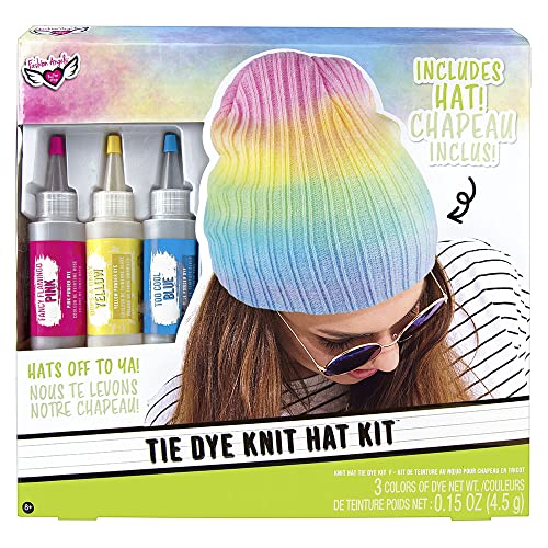 Fashion Angels Tie Dye Knit Hat Kit - 1 One-Size-Fits-Most Knit Cap, 3 Colors of Pre-Measured Dye (Pink, Yellow, Blue), Rubber Bands, Latex Free Gloves - Easy to Do, Mess Free Fun - Ages 8 and Up