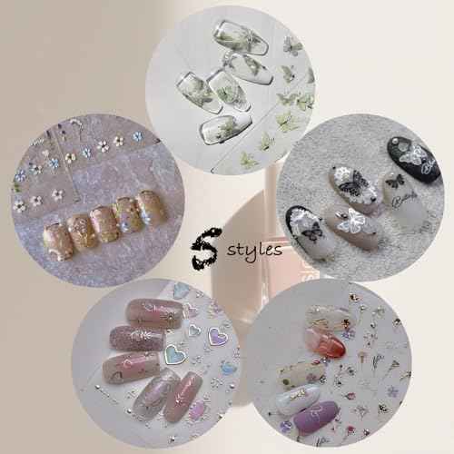 Flower Nail Stickers for Nail Art Decals Charms,5D Embossed Floral Butterfly and Heart Gem, Self-Adhesive 5 Styles Craft Nail Supplies 2 Sheets with Tweezers Kit for Women Decoration