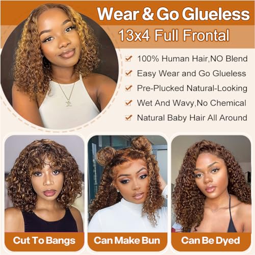 Curly Bob Wig Human Hair 13x4 HD Lace Front 4/27 Ombre