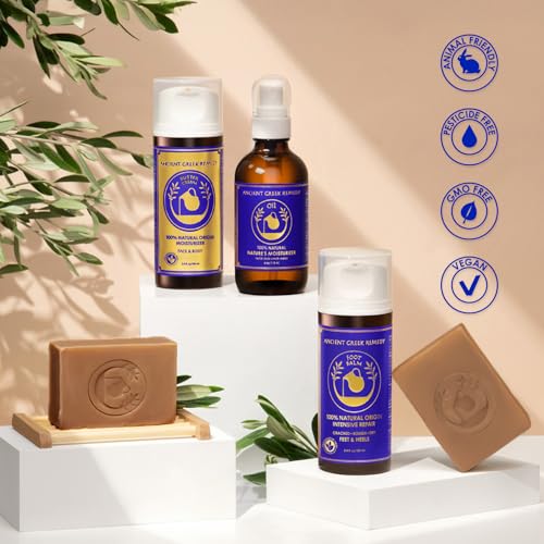 Ancient Greek Remedy Organic Spa Gift Set - Body Oil, Face Moisturizer, Foot Balm & 2 Soap Bars - Lavender Scented Skin Care Gift Basket for Women - Perfect for Christmas, Birthdays & Self Care
