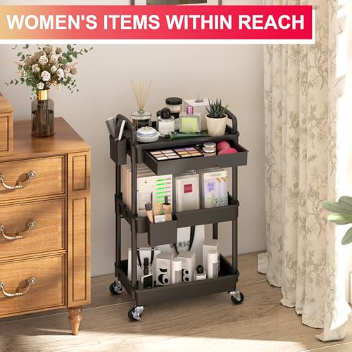 Goovilla Black 3-Tier Rolling Utility Cart with Removable Drawer