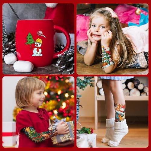 Leesgel 36 Sheets Christmas Full Arm Temporary Tattoos for Kids, 10Pcs Snowy Santa Claus Deer Sleeve Fake Tattoos, 320 Styles Christmas Themed Party Tattoos Stickers for Boys Girls