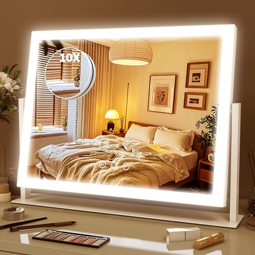 ROLOVE Lighted Makeup Mirror 16.3"x12.6", Hollywood Vanity Mirror with 10X Magnifier, 3 Color LED Lighting Modes, Smart Touch Control & 360¡Æ Rotation, Tabletop Makeup Mirror (White, Gift Ready)