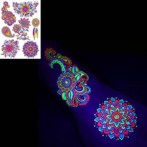 glaryyears 80+ Neon Temporary Tattoos, Glow UV Fake Charming Mandala Floral Butterfly Flowers Dreamcatcher designs, Women Girls Party Favor Supplies Night Pub 7 Sheets