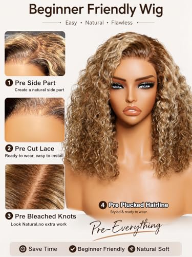 Glueless Curly Bob Wig Human Hair 14" Honey Blonde