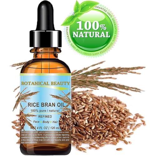 Botanical Beauty RICE BRAN OIL 100% Pure Natural Refined Undiluted Cold Pressed Carrier Oil for Face, Skin, Body, Hair, Massage, Nails. (4 Fl Oz)