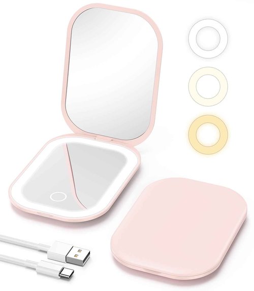 Gospire Lighted Travel Makeup Mirror with Light and Magnification 1X/3X, Stepless Dimming and 3 Color Adjustable Lights, Rechargeable Battery and Compact Size for Purse and Portable Use - Light Pink