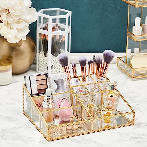 Glamlily Glass Makeup Organizer with Gold Trim for Vanity, Cosmetic Storage (10.2 x 7.5 x 3.5 In) - Makeup Storage