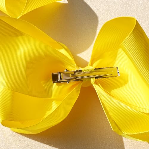 6 PCS Grosgrain Ribbon Hair Bows with Alligator Clips - Solid Color Hair Accessories for Toddlers and Kids (Yellow)