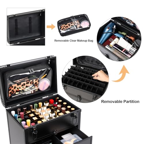 Rolling Makeup Case with Drawers & Nail Polish Organizer