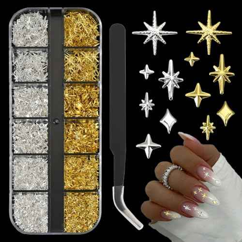 2500Pcs Star Nail Charms, Silver & Gold Nail Charms Bulk for DIY 3D Nail Art Charms & Charms for Nails Design