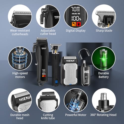 HIENA PRO Cordless Hair Clippers for Men, Professional Barber Kit - Beard Trimmer, Aluminum Foil Shaver, Nose Trimmer, 10 Limit Combs - Fast Charge, Smart LED Display (Clippers/Trimmer)