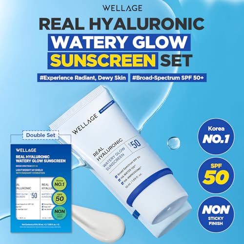 WELLAGE Real Hyaluronic Watery Glow Sunscreen Double Set SPF50 - Broad Spectrum UV Protection with 6 Types Hyaluronic Acid - No White Cast, Makeup Base - K-Beauty Face Sunscreen, 1.69 fl.oz x 2 Pack