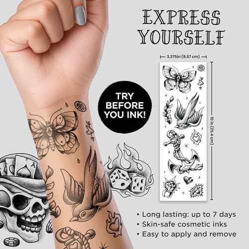 Savvi - 20 Black and Gray Temporary Tattoos: Skin-Safe Ink, Great for Parties and Everyday Wear, Gifts for Teens and Adults, Made in the USA [2 sheets, 20 count]