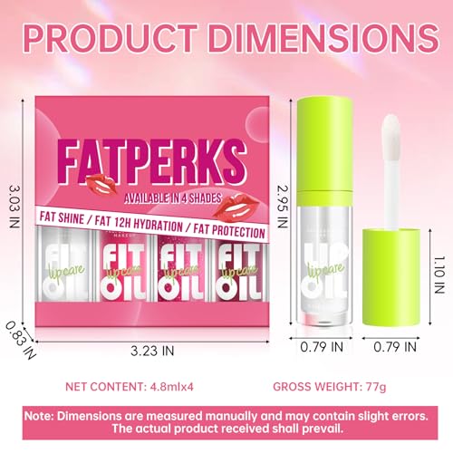 4 Colors Hydrating Lip Oil Plumping + Lip Liner Set, Shiny Glow Reviver Lip Care Oil, Moisturizing Big Brush Head Clear Pink Glitter Transparent Lip Gloss Combo Makeup Present for Women