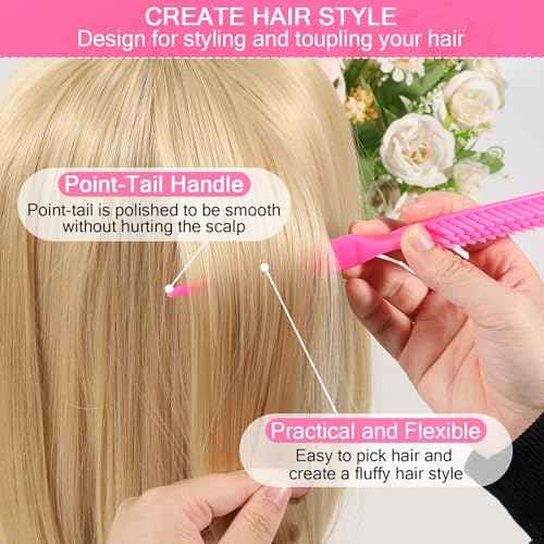 SIMPOR 3 Row Hair Comb for Natural Detangling Hair Styling Brush Nylon Bristle Unbraider Teasing Comb Rat Tail for Women Men Rose Pink