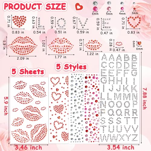 Face Gems Stickers with Red Lips & Hearts - 5 Sheet