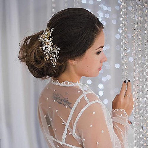 Kercisbeauty Wedding Bridal Bridesmaids Flower Girl Crystal and Pearl Side Hair Comb Slide Headpiece Long Curly Bun Hair Accessories for Prom (Gold)