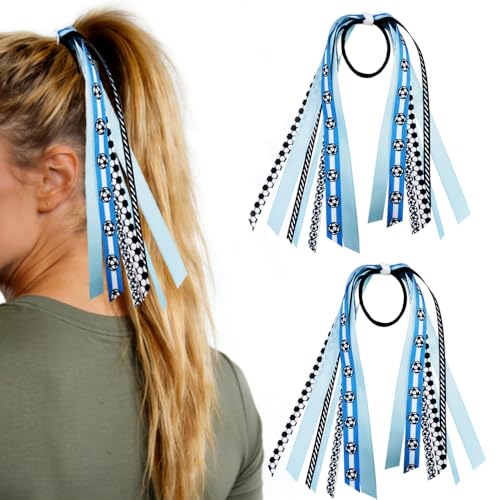 Soccer Ponytail Hair Ties with Streamers, 2-Pack Elastic Holders