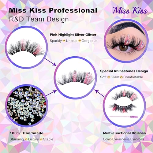 Miss Kiss Pink Rhinestone False Eyelashes 18MM Faux Mink