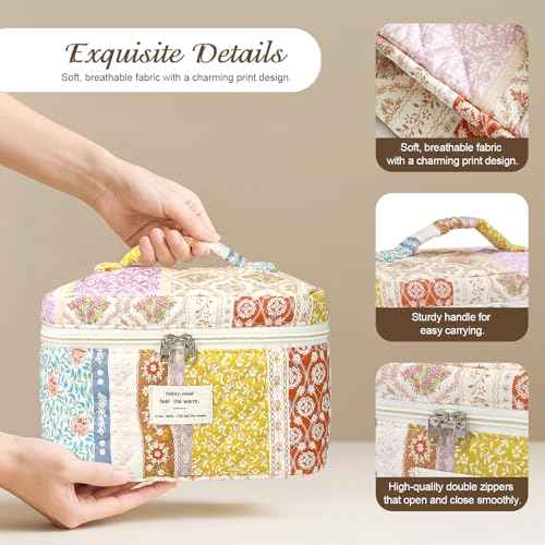 3Pcs Cotton Quilted Makeup Bag for Women Girls, Large Floral Cosmetic Bag Set Cute Makeup Brushes Aesthetic Accessories Storage Bag Travel Toiletry Bag Organizer for Women