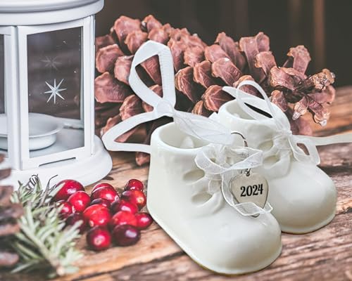 2024 Baby Shoe Christmas Ornament - White Personalized Baby Booties Ornament - Baby Shoe Ornament - Baby First Christmas, Birth, Baby Shower, Birthday, New Parents Gift Baby Girl and Boy