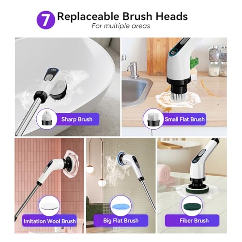 Electric Spin Scrubber Cordless ? Powerful Bathroom Cleaning Brush with Long Handle, 2 Speeds, 3000mAh Rechargeable, 7 Brush Heads, Wall Hanger & Crevice Tools ? Shower, Tub & Tile Cleaner