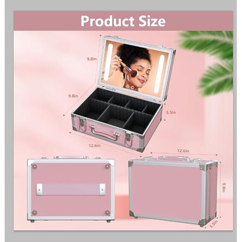 Travel Makeup Case with LED Mirror - Hard Shell Pink Travel Makeup Bag with Mirror - Portable Makeup Organizer with Mirror, Vanity Case for Cosmetics, Adjustable Divider