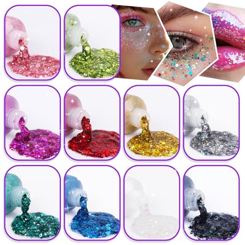 10 Colors Chunky Body Glitter Gel – Eyes, Hair, Nails