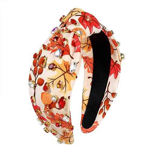 Thanksgiving Pearl Rhinestone Jeweled Knotted Headband - Fall Pumpkin Leaf Print Wide Knot Hairband - Turkey Holiday Hair Accessories Gifts
