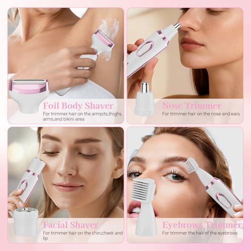 Women's Electric Shaver 4-in-1 - Waterproof Painless Hair Remover for Bikini, Face & Body, Cordless Wet/Dry Trimmer with Nose & Eyebrow Heads, Fast USB-C Charging, Gift for Women