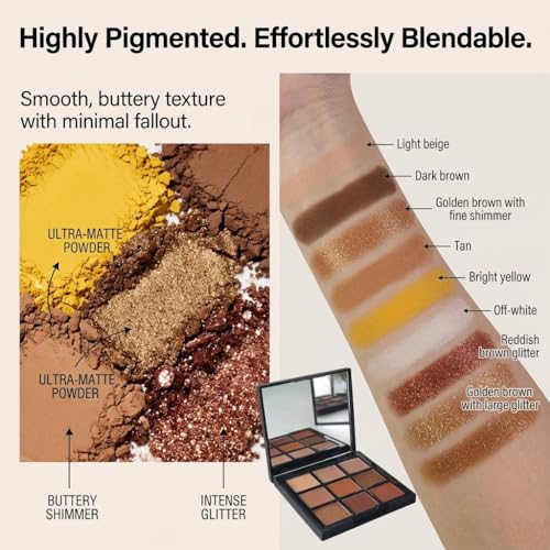 FYNLA Warm Nude 9-Color Eyeshadow Palette - Matte, Shimmer & Glitter Shades for Natural & Glam Looks