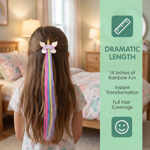 Rainbow Hair Clips for Girls, 6 Pc Set with Extensions