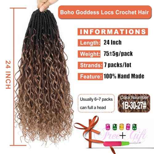 Boho Faux Locs Crochet Hair 24Inch 7Packs Bohemian Goddess Locs Crochet Hair Pre Looped Boho Soft Locs Synthetic Braids Hair Extensions for Women (1b/30/27#, 24 Inch)