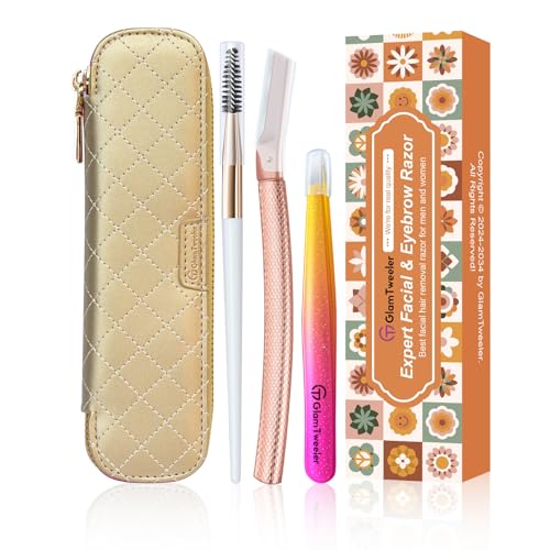 Women's Dermaplane Face & Eyebrow Razor Kit with GlamTweeler Slant Tweezers, Spoolie Brush, and Luxury Leather Storage & Travel Case + 10 Refill Blades (Rose Gold)