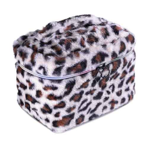 Plush Travel Makeup Bag Toiletry bag for Women Soft Fluffy Cosmetic Bag Portable Foldable (Beige Leopard)