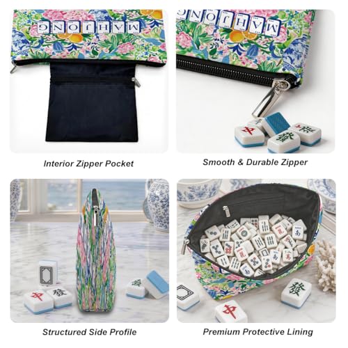 Blue Leaves Multicolor Floral Mahjong Tile Bag with Zipper - American Mahjong Case