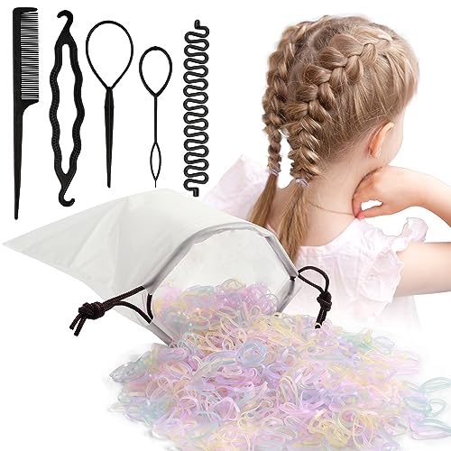 Beauty.H.C Hair Rubber Bands Set - 1000 Pcs Small Elastics with Topsy Braiding Tools for Kids and Girls - Clear Pink