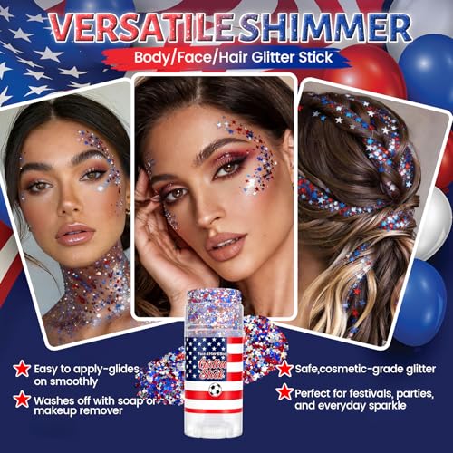 Gloomix Patriotic Face & Hair Glitter Kit Red White Blue with 100 Stickers for 4th of July