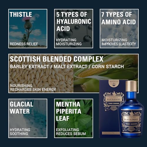 Scott Hamish Blue Blended Toner Essence - Men Facial Toner Essence with Hyaluronic Acid & Amino Acid - Hydrating Toner Restore Vitality ? All in One Face & Aftershave, 6.09 fl.oz.