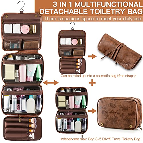 Elviros Travel Toiletry Bag - Waterproof Makeup Organizer with Removable Sections, PU Leather