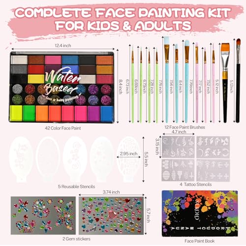 42 Color Kids Face Painting Kit, Non Toxic Water Activated Face Paint Palette with Stencils, Brush, Sparkle Gems. Perfect for Birthday Parties, Carnival, Costume Makeup