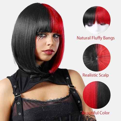 Half Red Half Black Wig with Bangs for Women 12 Inch Stright Color Bob Wigs Heat Resistant Synthetic Wig for Halloween Party Cosplay Wigs