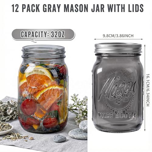 WELLIFE Wide Mouth Mason Jars 32 OZ, 6 Pack Mason Jars for Decor & DIY Crafts, Black Glass Storage Jars, Airtight jar, Fermenting, Pickling, Meal Prep