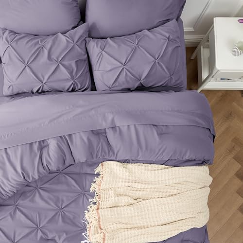 Bedsure Twin Comforter Set with Sheets - 5 Pieces Twin Bedding Sets, Pinch Pleat Grayish Purple Twin Bed in a Bag with Comforter, Sheets, Pillowcase & Sham