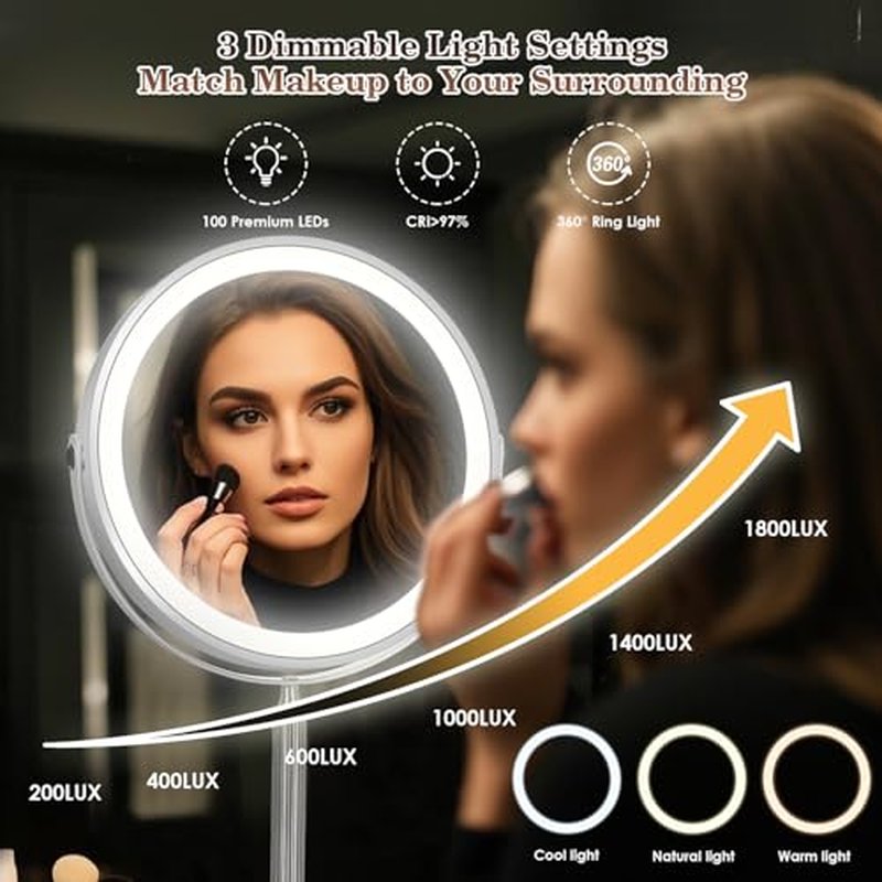 4000mAh Large Rechargeable Lighted Makeup Mirror Nickel, 2-Sided 1X/10X HD Undistorted 8" Magnifying Mirror with 3 Color Lights Dimmable, 360¡Æ Swivel Seamless Cordless Travel Vanity Mirror -Detachable