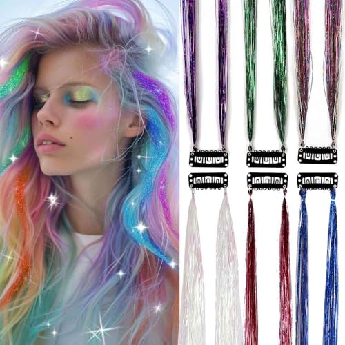 Hair Tinsel Clip-On Extensions 6 Strands Glitter 20 Inch