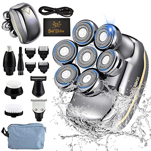 Head Shavers for Bald Men, Kisrioa 7D Head Shavers for Men, 6-in-1 Waterproof Bald Head Shavers Wet/Dry Electric Razor Mens Grooming Kit LED Display Rechargeable, with Wishes Card and Toiletry Bag