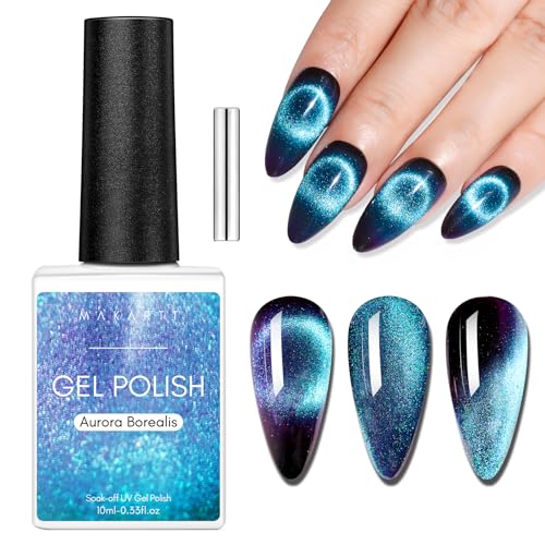 Makartt Gel Nail Polish, Black Hole Cat Eye Gel Polish 10ml Sparkly Cat Eye Glitter Spring Gel Polish with Magnet Stick Soak Off UV/LED Manicure Nail Art Designs- Aurora Borealis