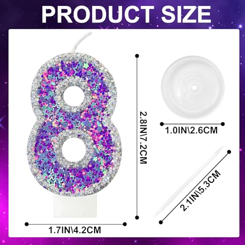 Number 8 Birthday Candle - Purple & Silver Glitter Cake Topper
